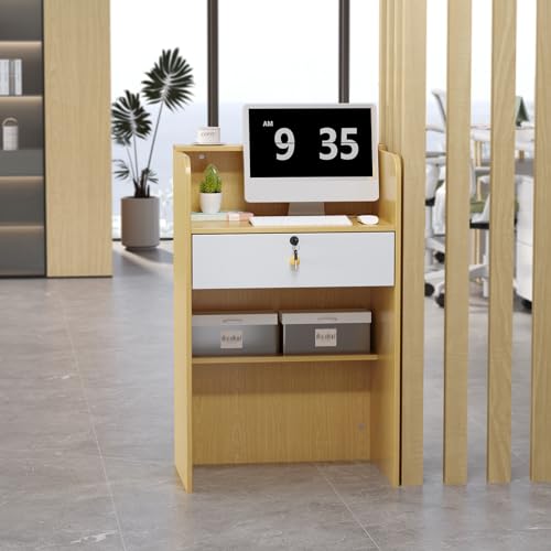 OmySalon Reception Desk with Counter, Small Front Checkout Desk w/Lockable Drawer, Wooden Modern Reception Table for Salon Lobby Office Home (Original Wood, 24)