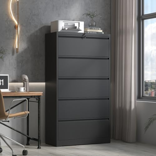 Hassyee Sturdy Vertical File Cabinets with Lock for Home Office, Durable Steel Office Filing Cabinet Printer Stands Storage Organizer with Smooth Drawers for A4 Legal/Letter Size documents (Black7)