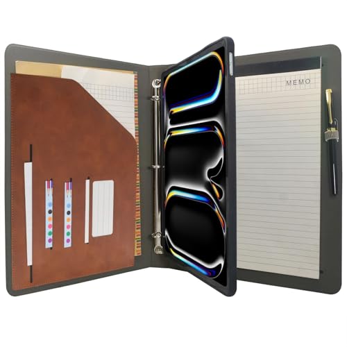 Tablet Organizer Portfolio Case with 3-Ring Binder, Binder Padfolio File Folder with Removable Tablet Holder, Compatible with 13-inch iPad Pro M5 (2025)/M4 (2024),Brown