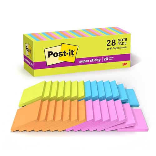 Post-it Super Sticky Notes, 3 in x 3 in (76 mm x 76 mm), Assorted Bright Colors, 28 Pads with 70 Sheets/Pad (1,960 Sheets Total), Super Sticky 2X Adhesive Sticky Notes for Walls, Windows, Calendars