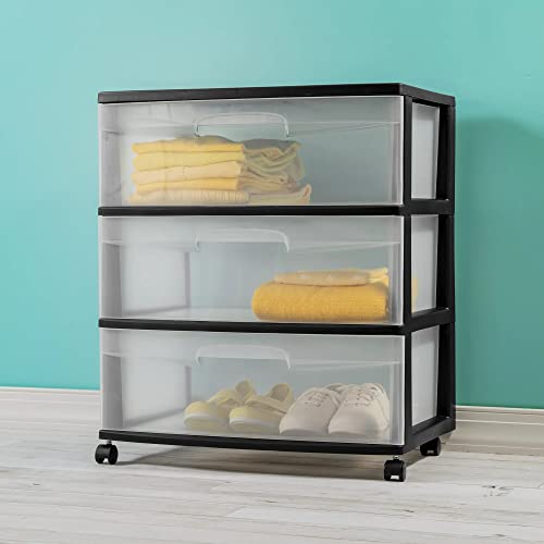 EsEiCo 3 Drawer Plastic Storage Drawer Cart, Medium Home Organization Storage Container with 3 Large Clear Drawers With Wheels, Black