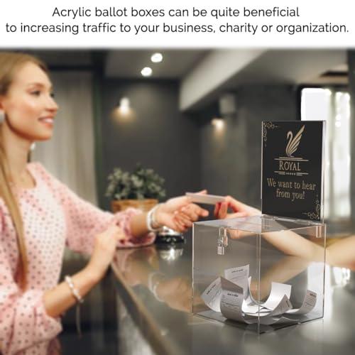 Marketing Holders Clear Donation Box with Lock 8 Inch Locking Ballot Box with Removable 8.5" x 11" Header Sign Holder Clear Acrylic Cube Suggestion Bin