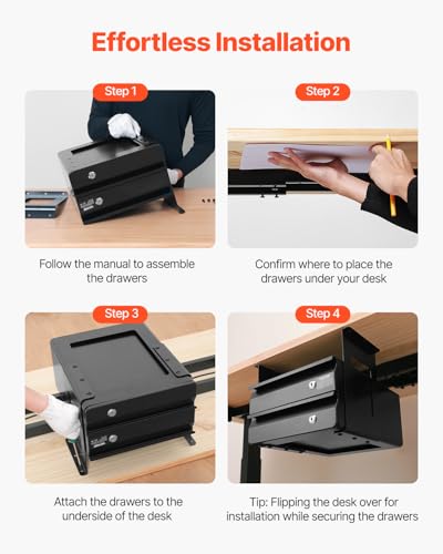 VEVOR Under Desk Double Stacked Lockable Slide Out Drawer, 13 inch Lockable Under Table Pull-out Drawer Attachment for Sit Stand Workstation, Secure Under Desk Storage Organizer, Black
