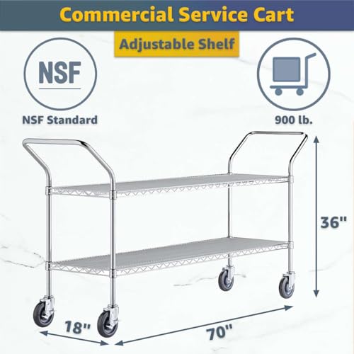18" x 70" x 36" 2-Shelf Chrome Heavy-Duty Wire Utility Cart - Commercial Metal Rolling Serving Cart for Restaurant, Garage, Warehouse, Kitchen, Office, NSF