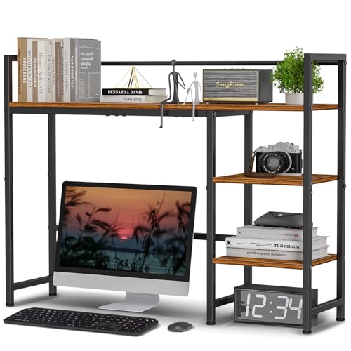 Snughome Desk Shelf, 38.6" Desktop Organizer Shelf, Desk Hutch for Computer Monitor, 4 Tier Desk Display Rack, Wood Desktop Bookshelf Storage Rack for Home Office Dorm, Rustic Brown