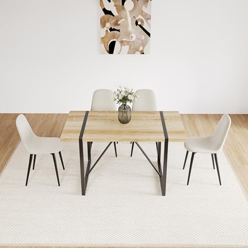 KEIKI 55" Dining Table Set for 4, Modern Wood Dining Table with 4 Linen Upholstered Chairs, Mid Century Kitchen Table and Chair Set with Metal Legs for Dining Room, Apartment, Breakfast Nook, Beige