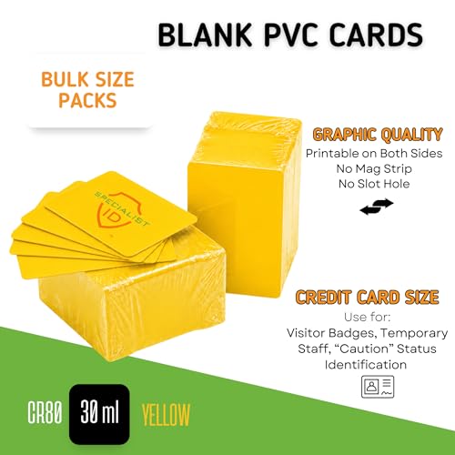 500 Pack - Blank PVC Cards for ID Badge Printers - Graphic Quality Yellow Plastic CR80 30 Mil (CR8030) By Specialist ID - Compatible with Most Photo ID Badge Printers (Yellow)