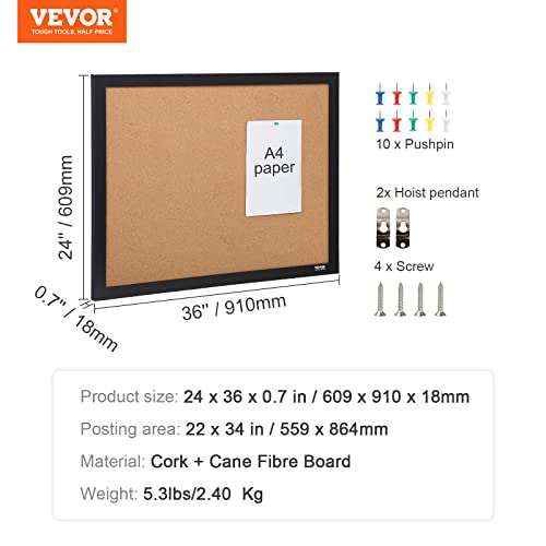 VEVOR 24 x 36 Cork Board, Large Bulletin Board with Black MDF Frame, Wall Mounted Pin Board for Office, School and Home Decor, Hanging Message Board for Pictures and Notes, 10 Push Pins Included
