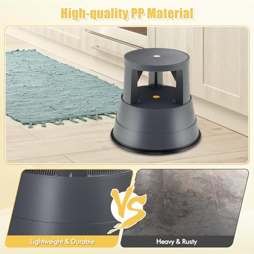 SPORFIT Rolling Step Stool with Retractable Spring Casters and Sitting Function, Kik Stool with 3 Movable Rolling Wheels, Two Step Stool for Home Office Library Kitchen, Premium PP, Gray