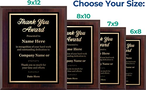 Personalized Thank You Plaque – Custom Laser Engraved Award – Employee Recognition Gift, Appreciation Award for Staff, Healthcare Workers, Team Members, Teachers, Coaches, and More – Choose Size & Customize Now (9x12)