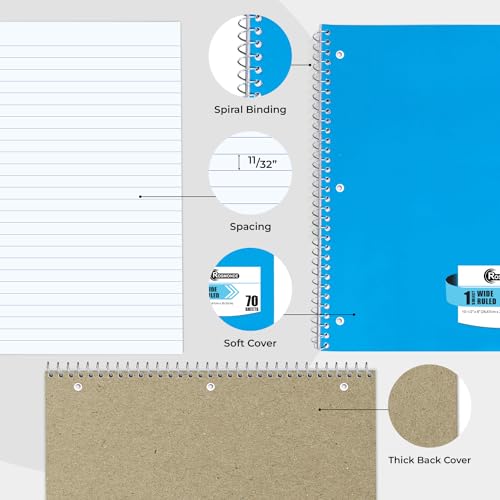 Rosmonde 1 Subject Spiral Notebook Bulk, 50 Pack, Wide Ruled, Assorted