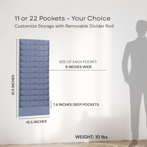 MAXXBUILD Wall Mount File Organizer, Metal Job Ticket Holder with 11/22 Adjustable Pockets, Durable & Versatile Hanging Wall Organizer for Office & Home - Grayblue
