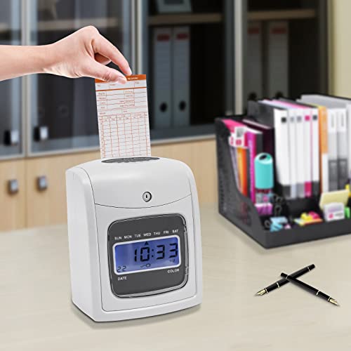 SpaceBovae Time Clock Punch Card Machine, LCD Employee Attendance Tracker, Auto-Absorb & Retreat Cards with Ringing Alert, Includes 50 Time Cards & 2 Security Keys, Small Business Check-in System