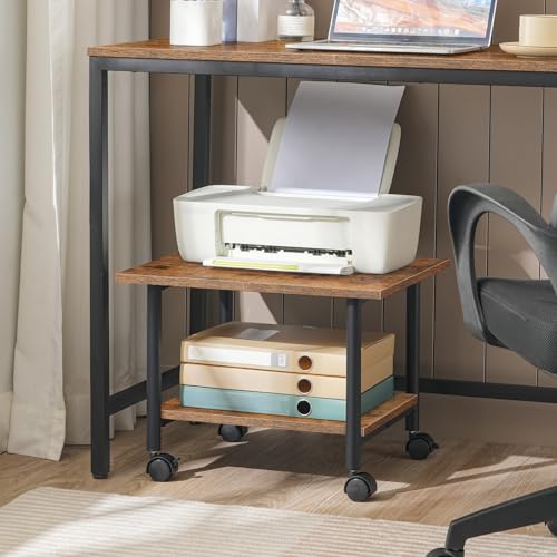HOOBRO Printer Stand, 2-Tier Industrial Under Desk Printer Cart with Shelf, Mobile Heavy Duty Storage Rack on Wheels for Home, Office, Rustic Brown and Black BF02PS01G1