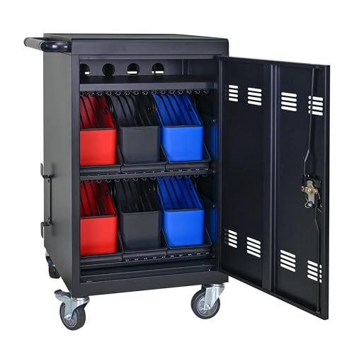 32 Device Charging Cart, Laptop and Tablet Storage Cart, Holds Up to 14" with 6 5-Device Storage Baskets, Cord Management, Front and Rear Access Locking, for Classroom or Office.Black