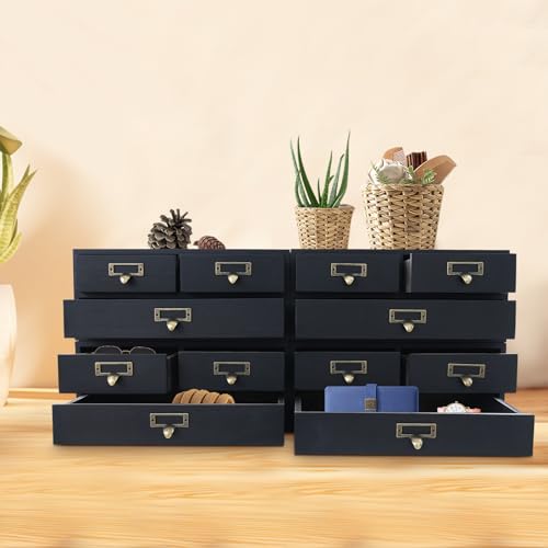 Wooden Desktop Organizer, 3 Tier Tabletop Storage Cabinet with 12 Drawers Composable Four-Piece Set & Metal Handles Modular Stackable Desktop Apothecary Cabinet for Home Offices Schools (Black)
