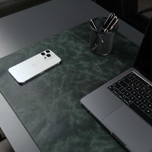 TORONATA Jersey Genuine Calfskin Leather Desk Pad, Office Desk Mat with Non-Slip Bottom, Smooth Surface for Mouse & Keyboard, Desk Protector (14.6x31.5 inches) (Dark Green)