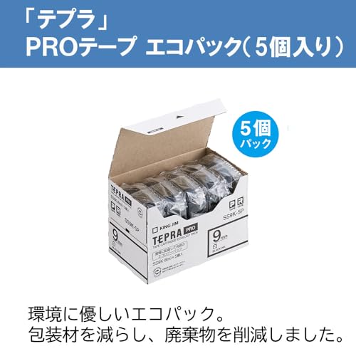 King Jim SS9K-5P Tepra PRO Tape Cartridge, Eco Pack, 5 Pieces, 0.3 inches (9 mm), White Label/Black Character, Length 22.8 ft (8 m)