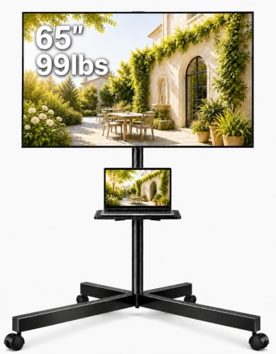 PERLESMITH Rolling TV Stand for 26-65 Inch TVs up to 88 lbs, Mobile Outdoor TV Stand with Shelf & Large Base, Tilt TV Stand with Wheels, Portable TV Cart for Bedroom, Max VESA 400x400mm, PSTVMC06B-B