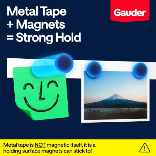 GAUDER Self-Adhesive Metal Tape - Ideal for Tonie Figures & Shelves - Holding Surface for Magnets - Ferrous Tape with Foam Adhesive - Thin Metal Steel Strip (41 ft x 1.4 in)