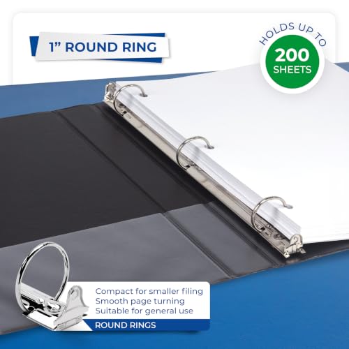 Samsill 1 Inch 3 Ring Binders, Economy Round Ring, Clear View Cover, 200 Sheet Capacity - for School, Home, Office - Black, 12 Pack