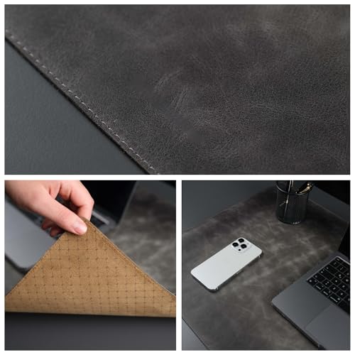 TORONATA Jersey Genuine Calfskin Leather Desk Pad, Office Desk Mat with Non-Slip Bottom, Smooth Surface for Mouse & Keyboard, Desk Protector (36x19 inches) (Grey)