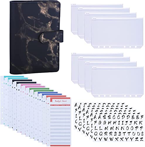 QERTYHKK A6 PU Leather Budget Binder with Pockets, Expense Sheets, Sticker Labels, Money Saving Cash Envelopes System