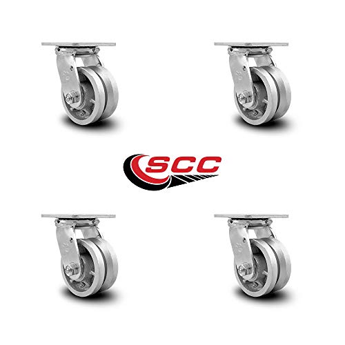 Heavy Duty Swivel Caster Set of 4 with 4 Inch V-Groove Semi Steel Cast Iron Wheels and Bronze Bearings - Includes 4 Swivel - 3,200 lbs. Total Capacity - Service Caster Brand