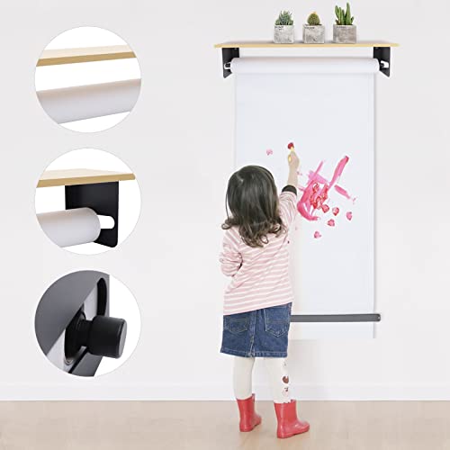 Wall Mounted Paper Roll Holder with Cutter, Carbon Steel Density Board Paper Dispenser with Storage Shelf, Drawing Board for Kids Room Office Cafe Restaurant Studio, Space Saving, Black