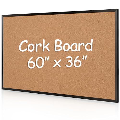 Board2by Extra Large Cork Bulletin Board 60" X 36", Black Wood Framed Corkboard for Wall, Wall Mounted Notice Pin Board with 18 Push Pins
