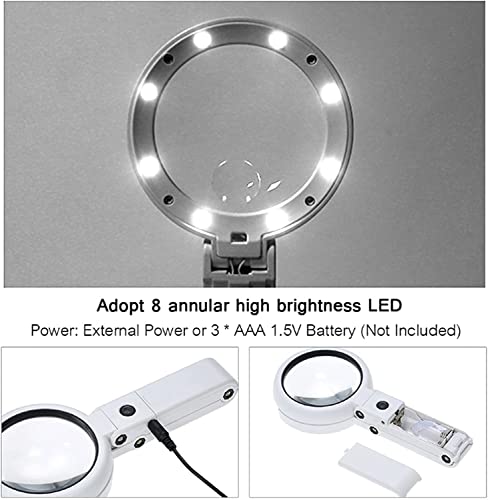 DULASP Reading Magnifier, 5X HD Handheld Magnifier Illuminated Desktop Magnifying Glasses with 8 Led Lights & Foldable Handle for Seniors and Children, for Reading, Educa