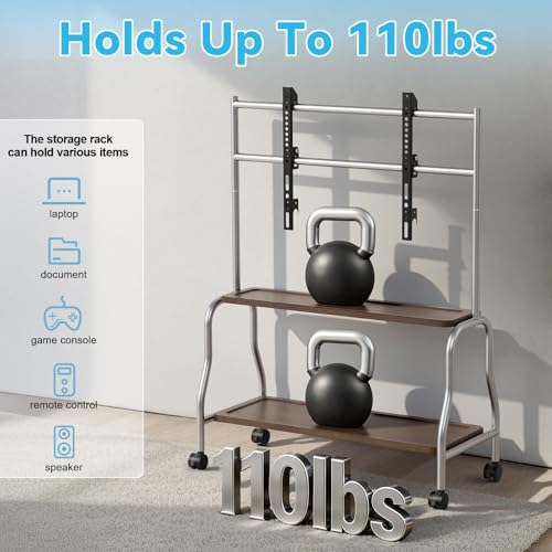 Newuzis Mobile TV Stand, 32-75 Inch Rolling TV Cart with Locking Wheels 2-Tier Storage Shelves 110lbs Capacity for Home Office Classroom Stainless Steel