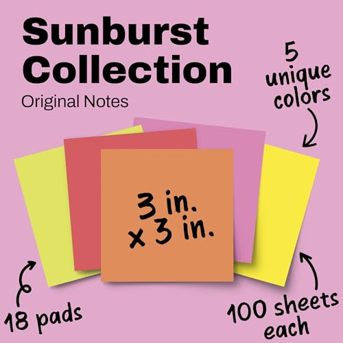 Post-it Notes, 3 x 3 in, Sunburst Collection, 18 Pads, 100 Sheets/Pad