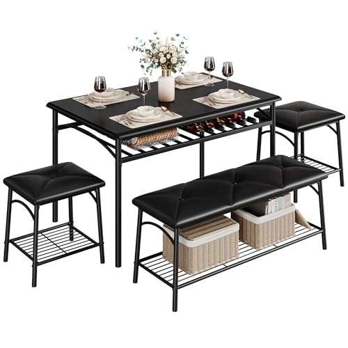 MOVECOM Dining Table Set for 4, 4-Piece Kitchen Table Set with Upholstered Bench & 2 Square Stools, Metal Frame Dinette Set with Storage Shelves, Space-Saving Dining Furniture for Small Spaces, Black
