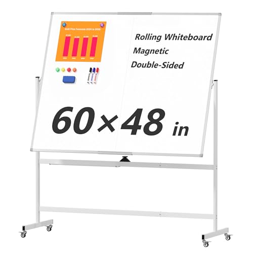 Large Rolling Whiteboard on Wheels, 60" x 48" Double-Sided Mobile White Board with Stand, 5' x 4' Portable Standing Magnetic Dry Erase Board Easel for Home Office Classroom School, Silver
