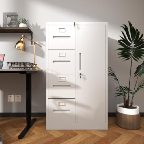 Daklpiw 4 Drawer File Cabinet with Lock & 1 Door, Metal Storage Unit with Shelves and Hanging Rod, Vertical Filing Cabinet for Home Office, Fits Letter/Legal/A4/F4, Easy Assembly (White)