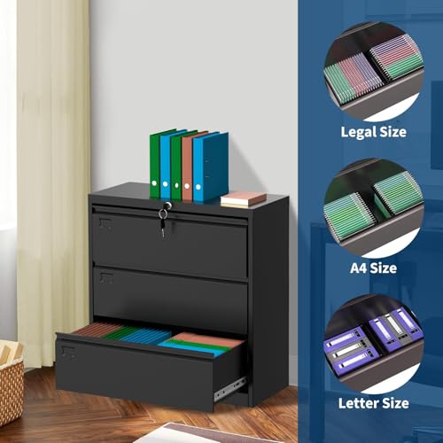 CABIHOME Black 3-Drawer Steel Lateral Filing Cabinet with Lock, Smooth-Gliding Drawers for Letter/Legal/A4 Files, Heavy-Duty Home Office Storage