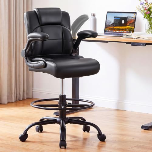 JMYMRY Pu Leather Drafting Chair,Tall Office Chair for Standing Desk with Footring,Counter Height Adjustable High Office Chair with Flip-up Armrests for Home,Drawing