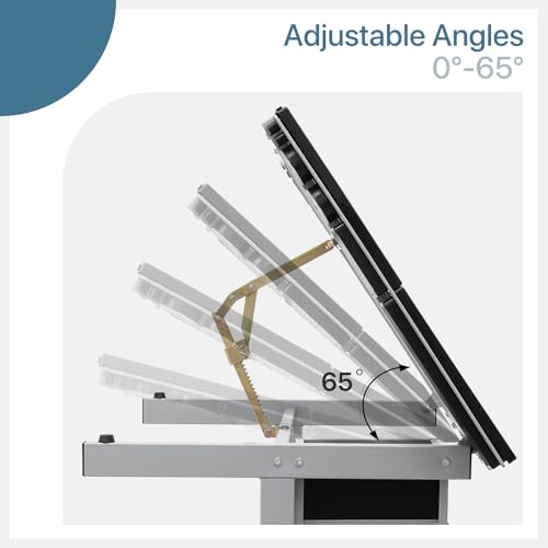 MIRAMINGLE Adjustable Tabletop Drafting Table, 0°-65° Angle Adjustments, Tempered Glass Top, Ideal for Artists & Designers, Alloy Steel Frame, 2 Drawers, Locking Wheels