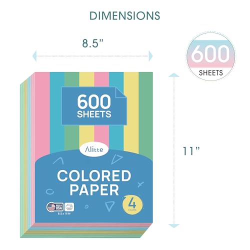 Alitte Colored Paper 8.5 x 11 - Copy Paper, 600-Pack Letter Size for Printer, Arts & Crafts, DIY Projects - Pink, Green, Blue, Yellow - School & Office Supplies - 150 Sheets Per Color