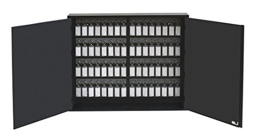 Acrimet 64-Key Cabinet with Lock, Wall Mount Wooden Key Organizer, Security Key Storage Box (64 Positions) with Numbered Hooks & Smoke Key Tags – Commercial & Home Use (Black)