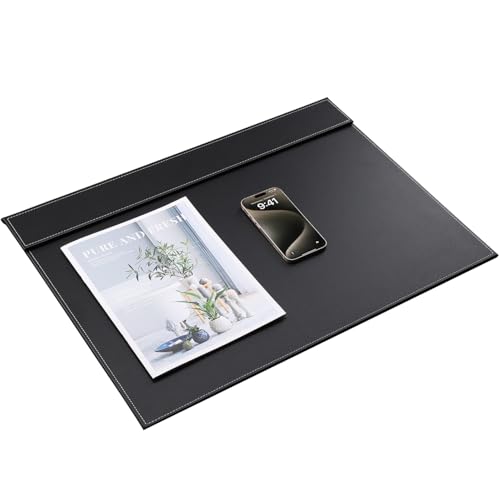 KINGFOM Ultra-Smooth PU Leather Desk Pad & Mat Office Desk Drawing & Writing Board A3/ A4 File Paper Clip Table Protector Mat on Top Large 24''x18'' (Black)