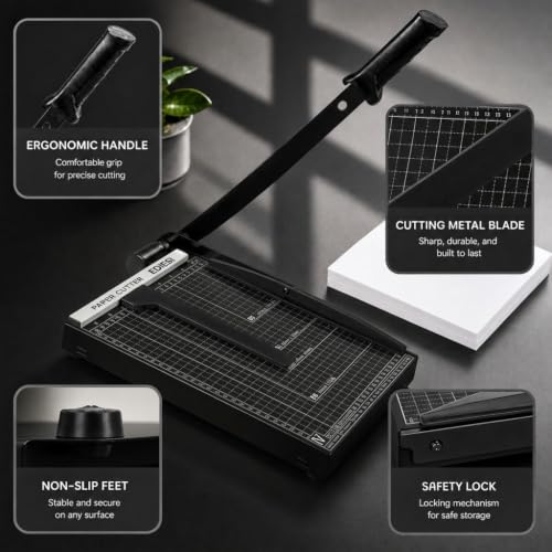 Edihome Paper Cutter Trimmer, 12-Sheet A3 Guillotine Paper Cutter with Safety Blade, Non-Slip Base for Office, School & Craft Use (Black)