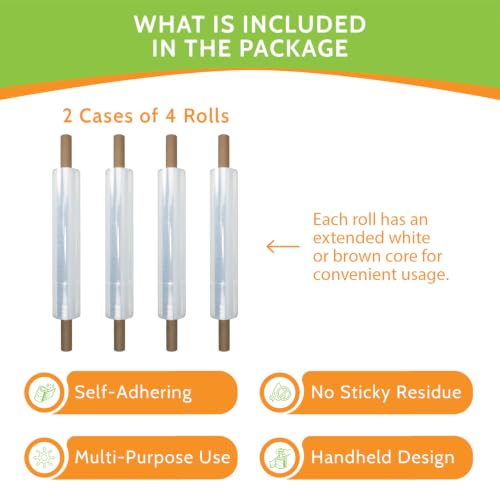 PSBM Stretch Wrap with Handles, 8 Rolls 20 Inch x 1000 Feet 80 Gauge Heavy Duty up to 800% Ultimate Stretch Clear Plastic Wrap Industrial Strength Shrink Film for Moving, Packing & Shipping