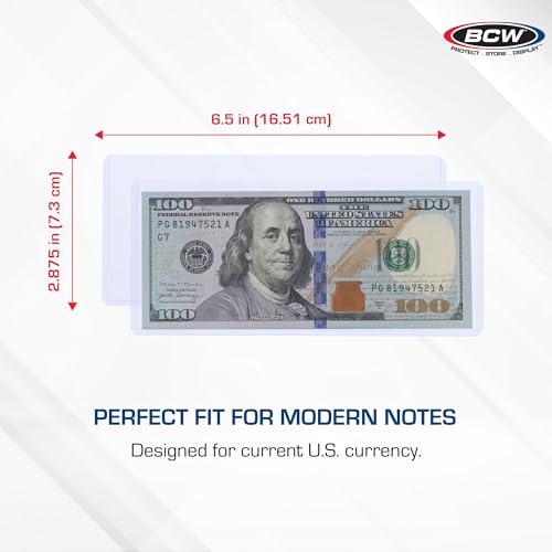 BCW Currency Topload Holder - 75ct | Clear Rigid PVC Protective Sleeve for Standard US Dollar Bills | Archival Safe, Scratch-Resistant Display Toploader for Paper Currency Collectors