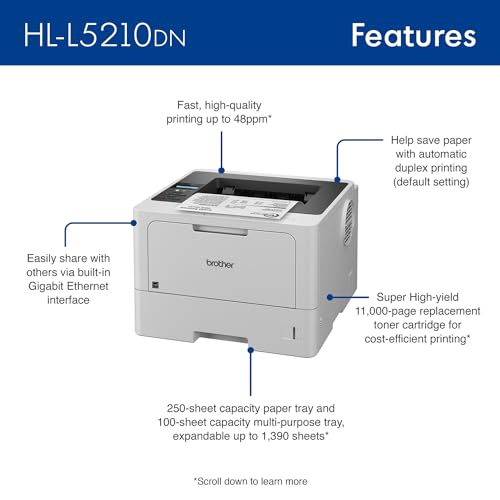 Brother HL-L5210DN Business Monochrome Laser Printer with Duplex Printing, Versatile Paper Handling, Mobile Printing, and Gigabit Ethernet Networking, Works with Alexa