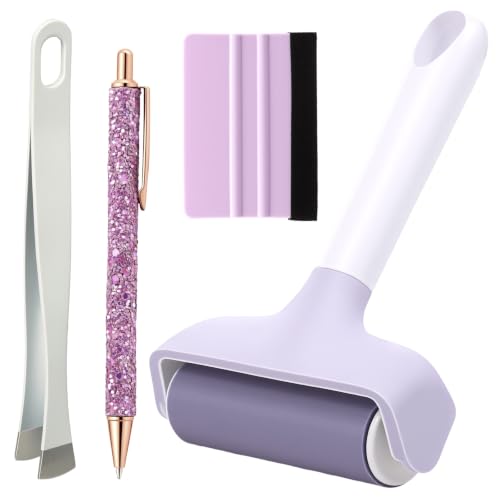 LUCKQUE 4 PCS Professional Rubber Brayer Roller and Retractable Pin Pen Set Includes Craft Ink Roller, Precision Air Bubble Release Pen, Stainless Tweezers, Scratch-Free Felt Squeegee Scraper