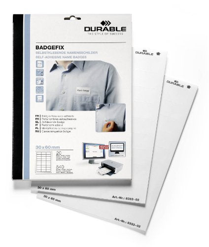 Durable DB80664 Badgefix Self-Adhesive Name Badge 30 mm x 60 mm - White (Pack of 20 Sheets/540 Badges)