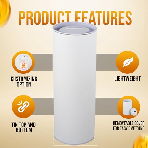 Paper Tube Charity Coin Collection Boxes Ticket Box Cardboard Tip Container with Tin Removable Cover 6.5" H Case of 90 White Blank cans
