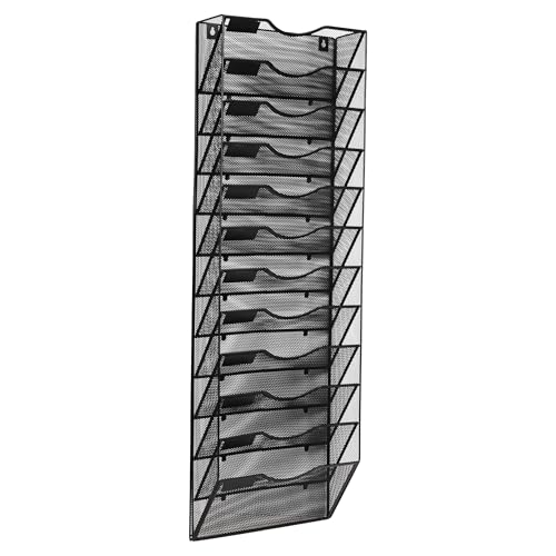 Mind Reader Wall Mounted File Organizer, 12 Tier Wire Mesh Document Holder with Metal Label Plates for Documents, Folders, and Magazines, Black